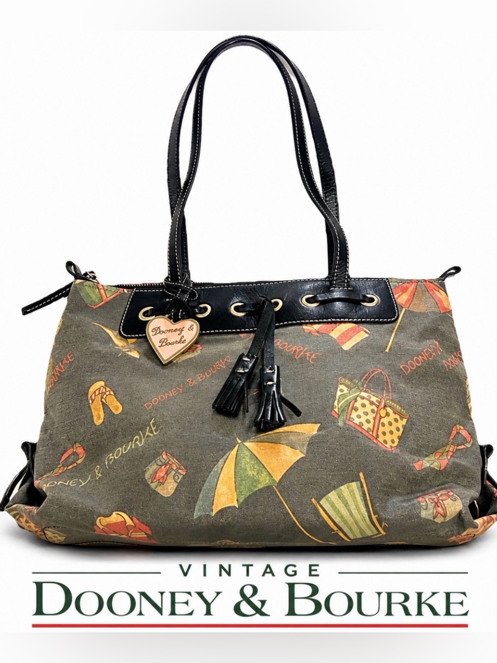 Dooney & Bourke Y2K Vintage Miami Beach Print Tassel Shoulder Satchel Bag Purse